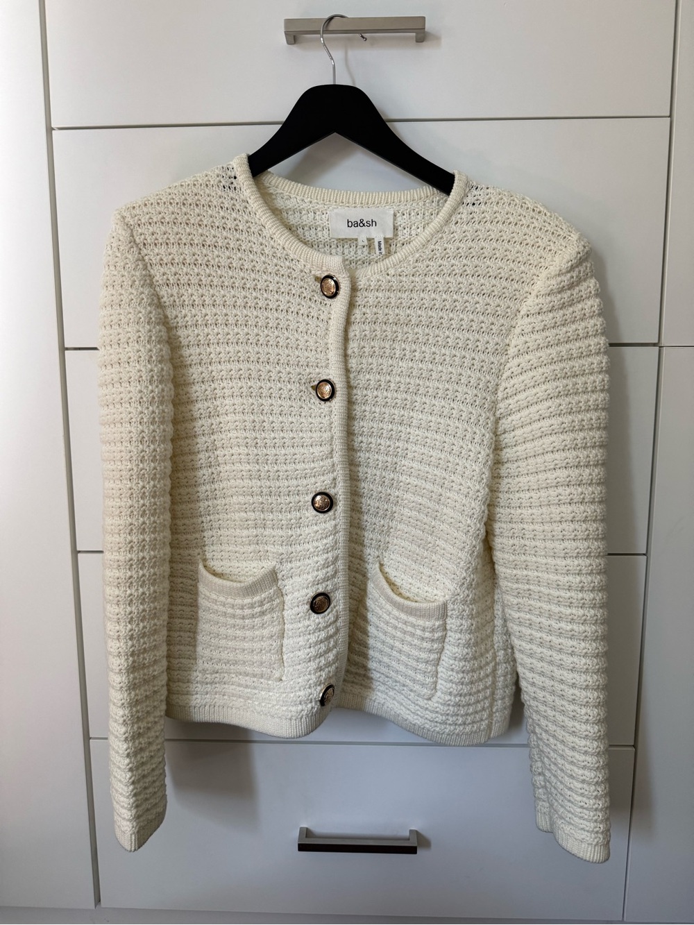 ba&sh Cream Textured Knit Cardigan with Gold-Tone Buttons – Large
